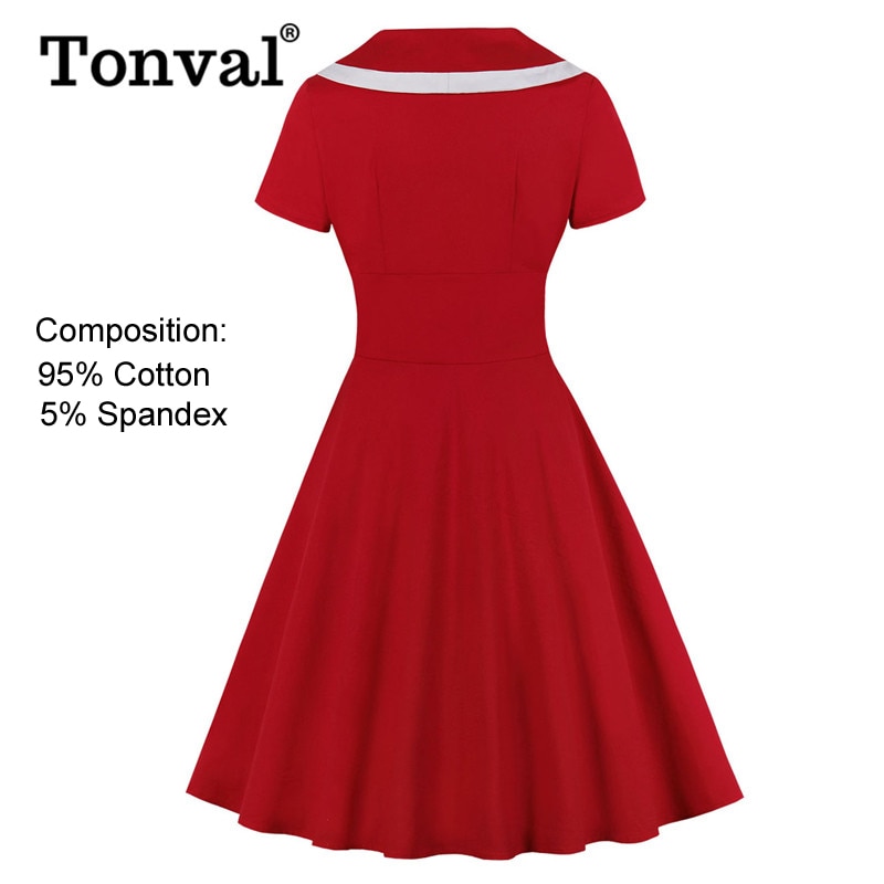 Tonval retro-hak krave knap foran rød vintage a-line kjole kvinder bomuld sommer kontor dame swing kjoler