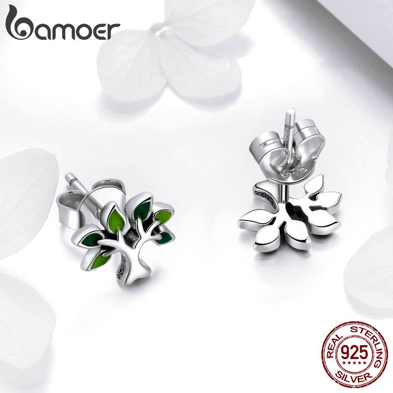Bamoer 100% 925 Sterling Silver Tree Of Life Stud Oorbellen Boombladeren Leaf Oorbellen Voor Vrouwen Mode Zilveren Sieraden SCE409