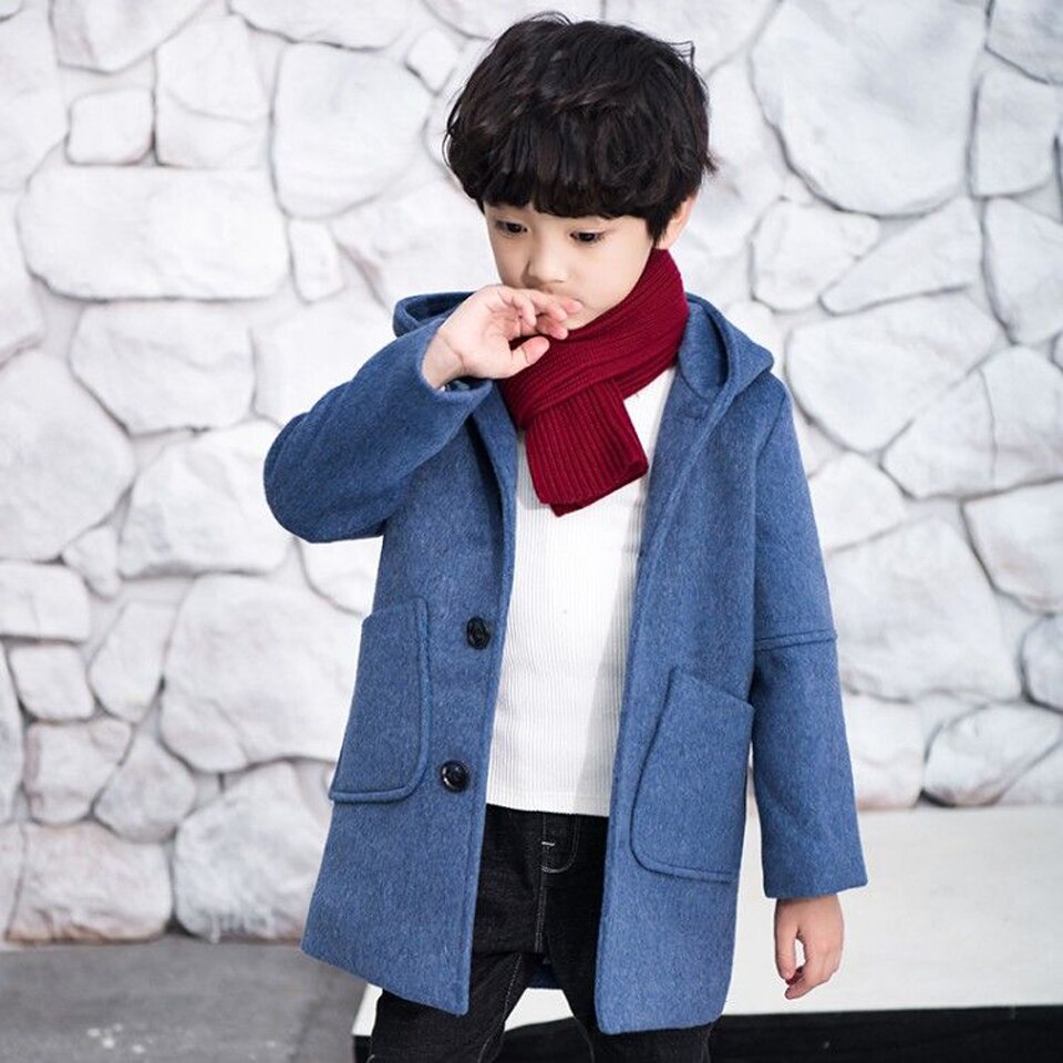 Casaco de lã infantil com capuz, casaco longo de lã da moda para garotos, para outono e inverno