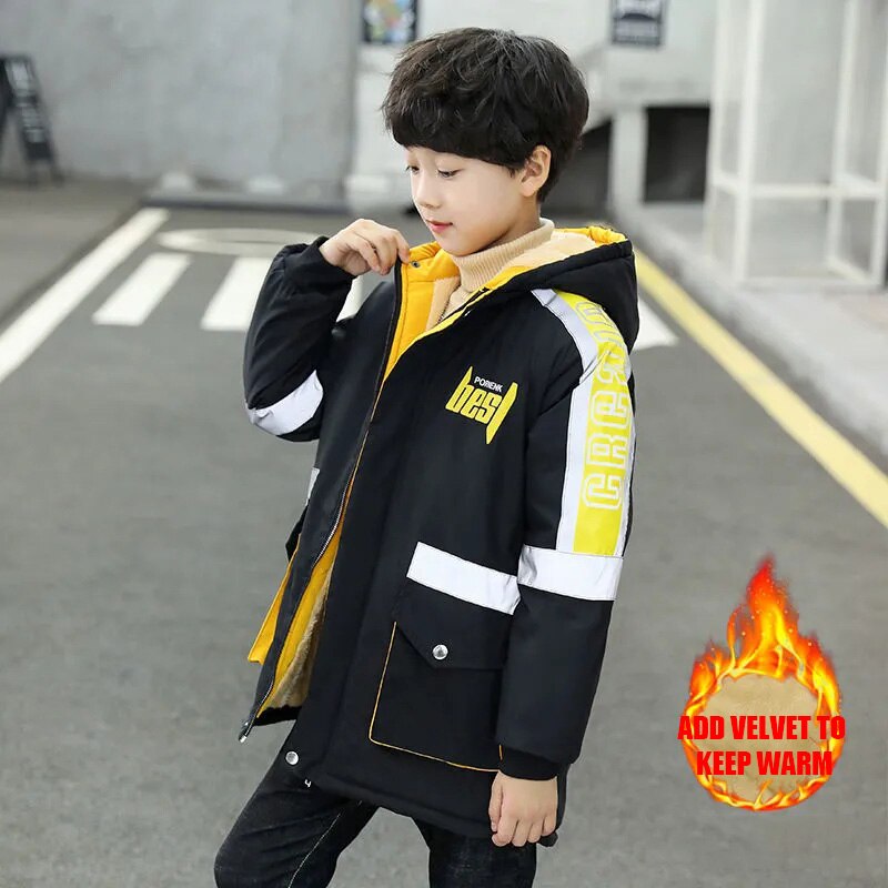 Polyester Winter Jacke Für Jungen Neue Plus Samt Verdickung warm Halten Winddicht Mit Kapuze Kragen Spleißen freundlicher Kleidung: Orange / 10T