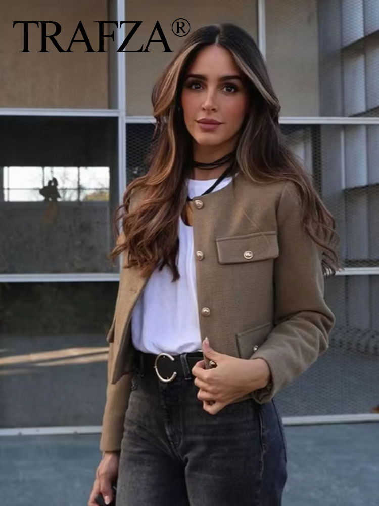 TRAFZA Giacca corta elegante da donna 2024 Giacca moda da donna O-Collo a maniche lunghe con tasca ribalta Cappotto femminile Casual Outwear Top