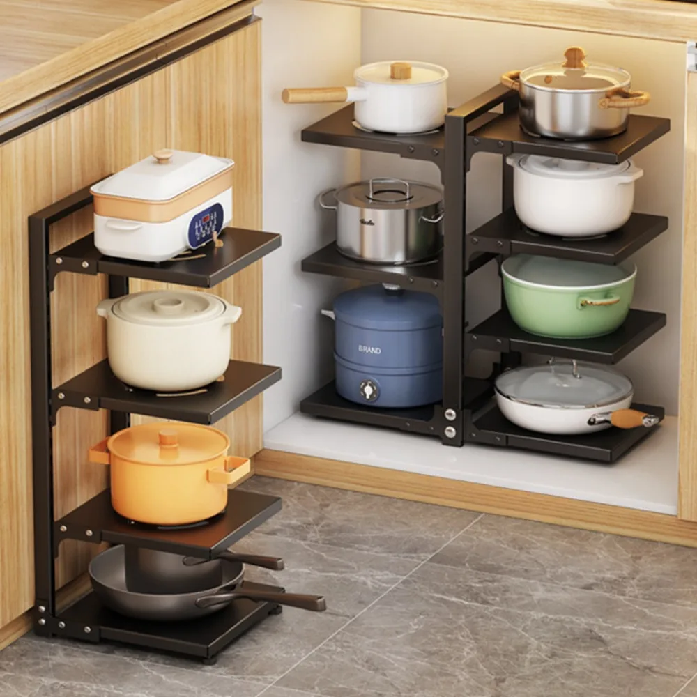 Kitchen Pot Storage Rack Under Sink Cabinet Pot Rack Holder Multi-Layer Adjustable Pots and Pans Shelf Bilateral Organizer