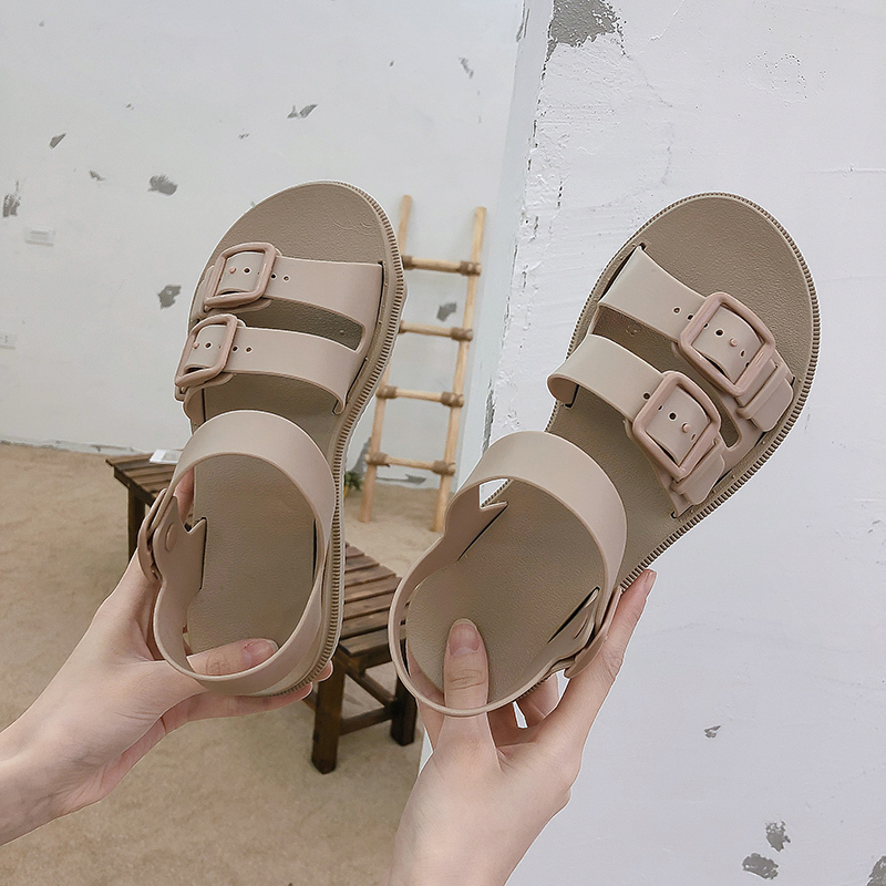 Lucyever Women Flat Gladiator Sandals Open Toe Buckle Solid Jelly Sandals Female Casual Comfortable Platform Beach Slides: Beige / 38
