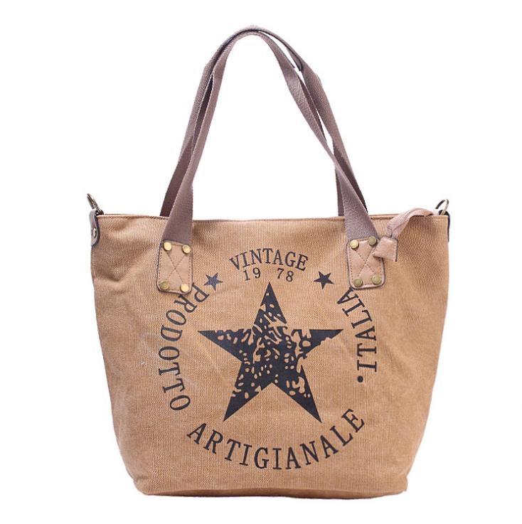 canvas women shoulder bag Large capacity casual Tote Pentagram printing handbags vintage style women bag: Khaki