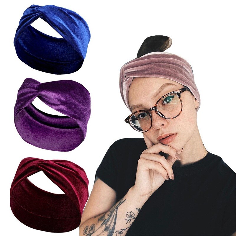 Bandeau en velours doré, couleur unie brillante, nœud croisé polyvalent, accessoires de cheveux pour femmes, Turban large pour dames