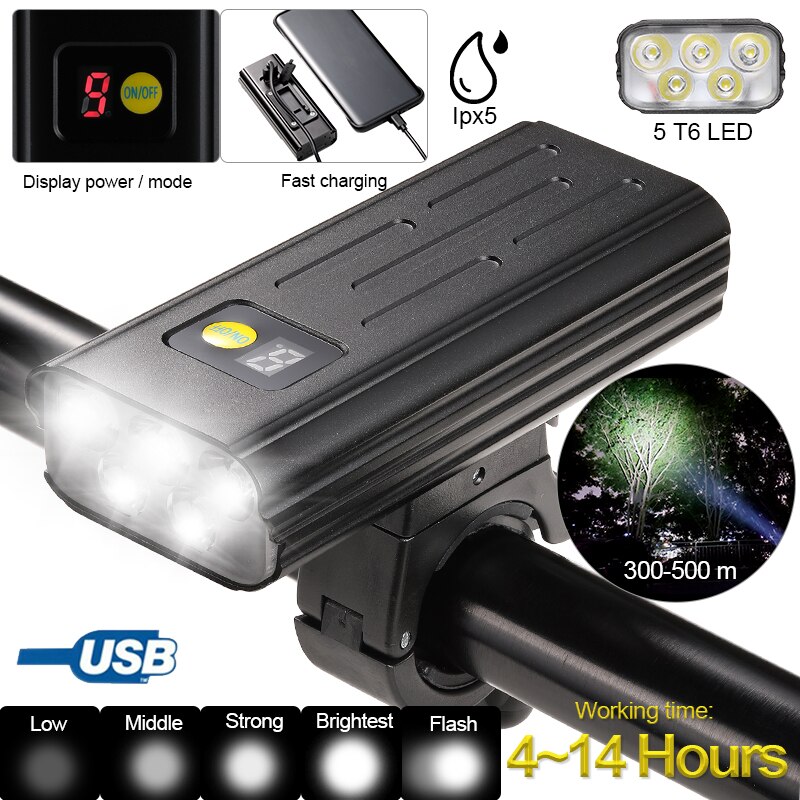 USB Vorderseite Fahrrad Licht 5 LED Fahrrad Lenker Lampe Digital Anzeige Radfahren Taschenlampe mit Typ-C Ladung Energie Bank Funktion: 5LED Vorderseite hell