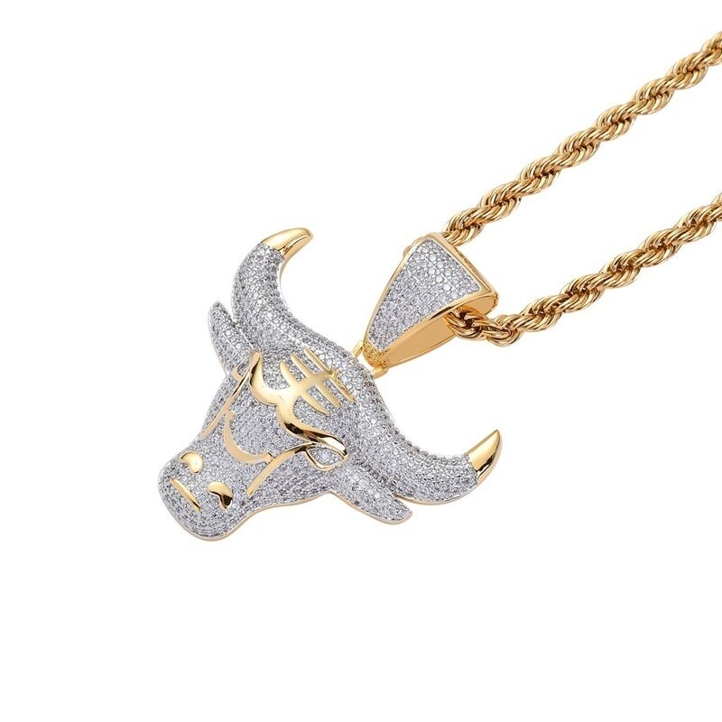 Men Hip Hop Full Rhinestone Bull Head Pendant Necklace Sparkling Ice Out Stainless Steel Gold Necklace