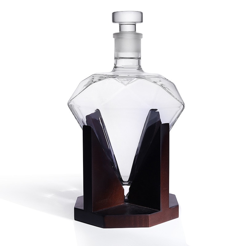 Decantador de whisky Hellodream de lujo en forma de diamante con soporte de madera para licor Scotch Bourbon 850ml