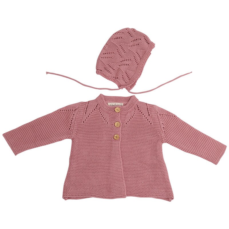 Höst vinter nyfött spädbarn bebis kappor stickade ytterkläder + mössa varma solida långärmade jackor bebiskläder: Rosa / 12-24m