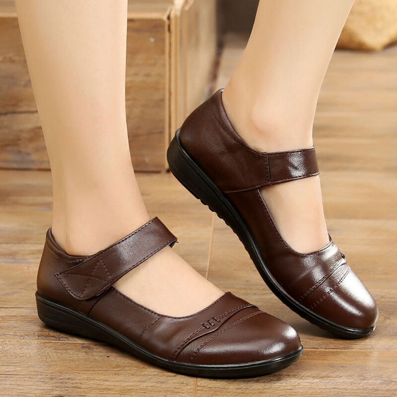 Zzpohe herfst handgemaakte leren platte schoenen dames casual schoenen dames flats oma antislip zachte zool wandelschoenen