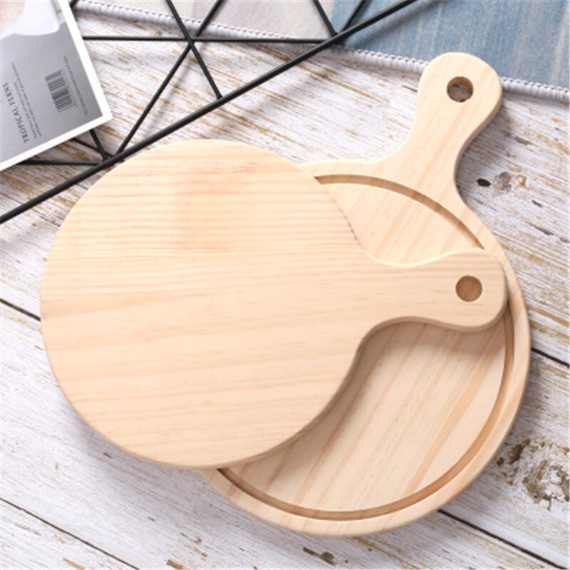 Wooden Pizza board Round with Hand Pizza Baking Tray Pizza Stone Cutting Board Platter Pizza Cake Bakeware Tools