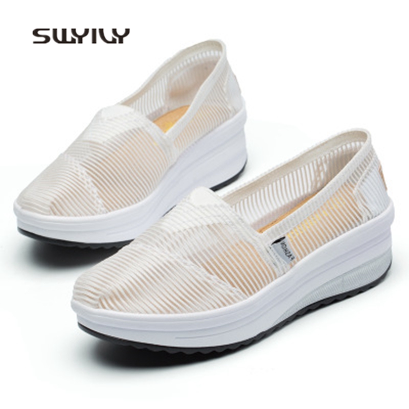 SWYIVY Women Toning Shoes Mesh Breathable Thick-sole Swing Shoes Summer Hollow Ultra-light Soft Female Slimming Shoes