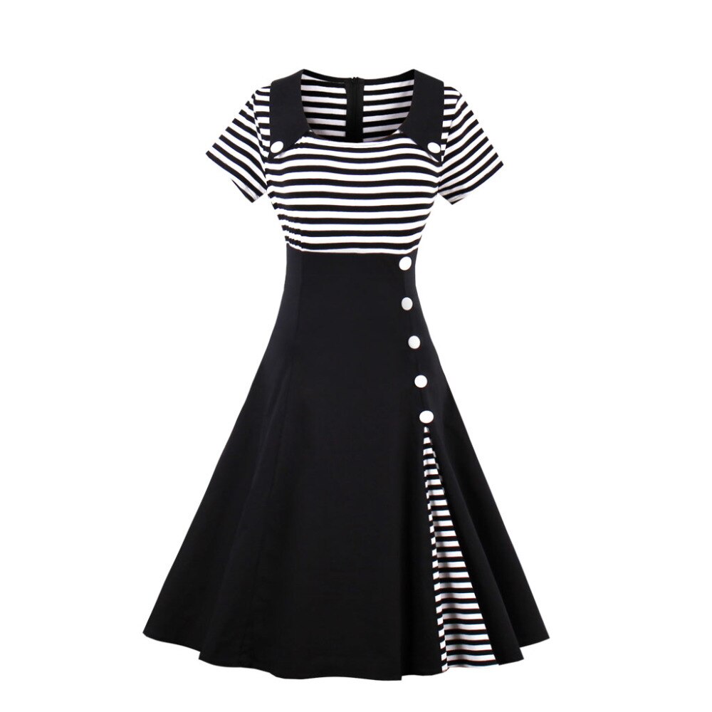 3xl 4xl plus size kvinder pin up rød hvid stribet patchwork kjole retro korte ærmer botton dekoreret 1950s vintage kjole