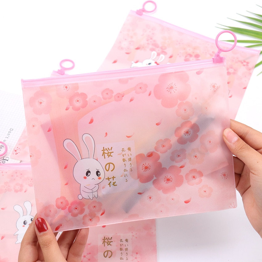 1pc pvc ring lynlås penalhus piger pink penalhus sød kirsebær kanin kuglepen taske dokument taske brevpapir pose