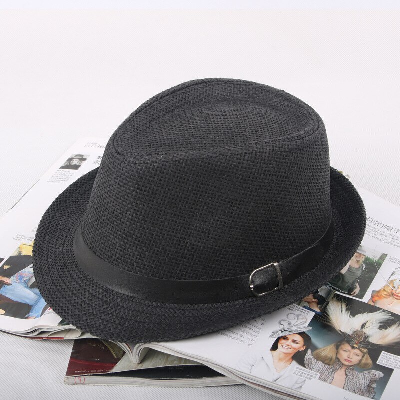 Jazz männer Hut Woven Stroh Sonnenschirm Hut Lässig Hut Gürtel Schnalle Strand Hut Stroh Sonnenhut Weiß Hochzeit Schwarz Gürtel frauen Fedoras Gorro: NO.1-Black