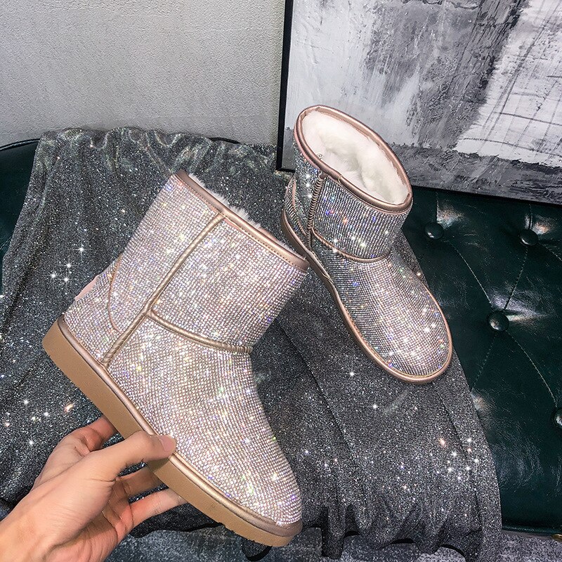 Botas de nieve con cristales brillantes para mujer, botines con cuentas plateadas, con plataforma acolchada de felpa, talla grande 34-43, NS69, Invierno