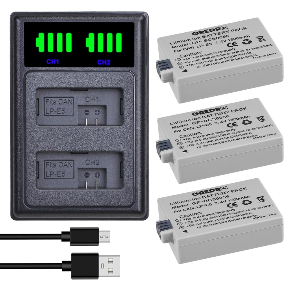 2Pcs 1500mAh LP-E5 LPE5 LP E5 Battery + LED Dual Charger with type-C Port for Canon 450D 500D 1000D Kiss X2 X3 F Rebel XSi Xli