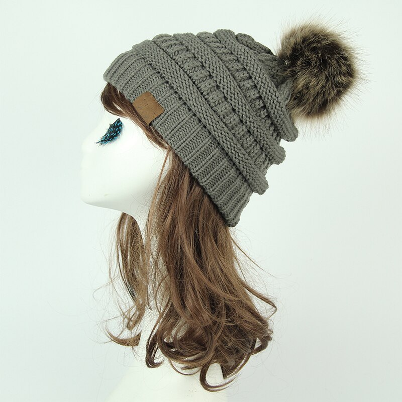Femmes hiver tricot Slouchy bonnet chapeau crâne casquette de Ski fausse fourrure Pom Pom chapeaux pour les femmes: Dark gray