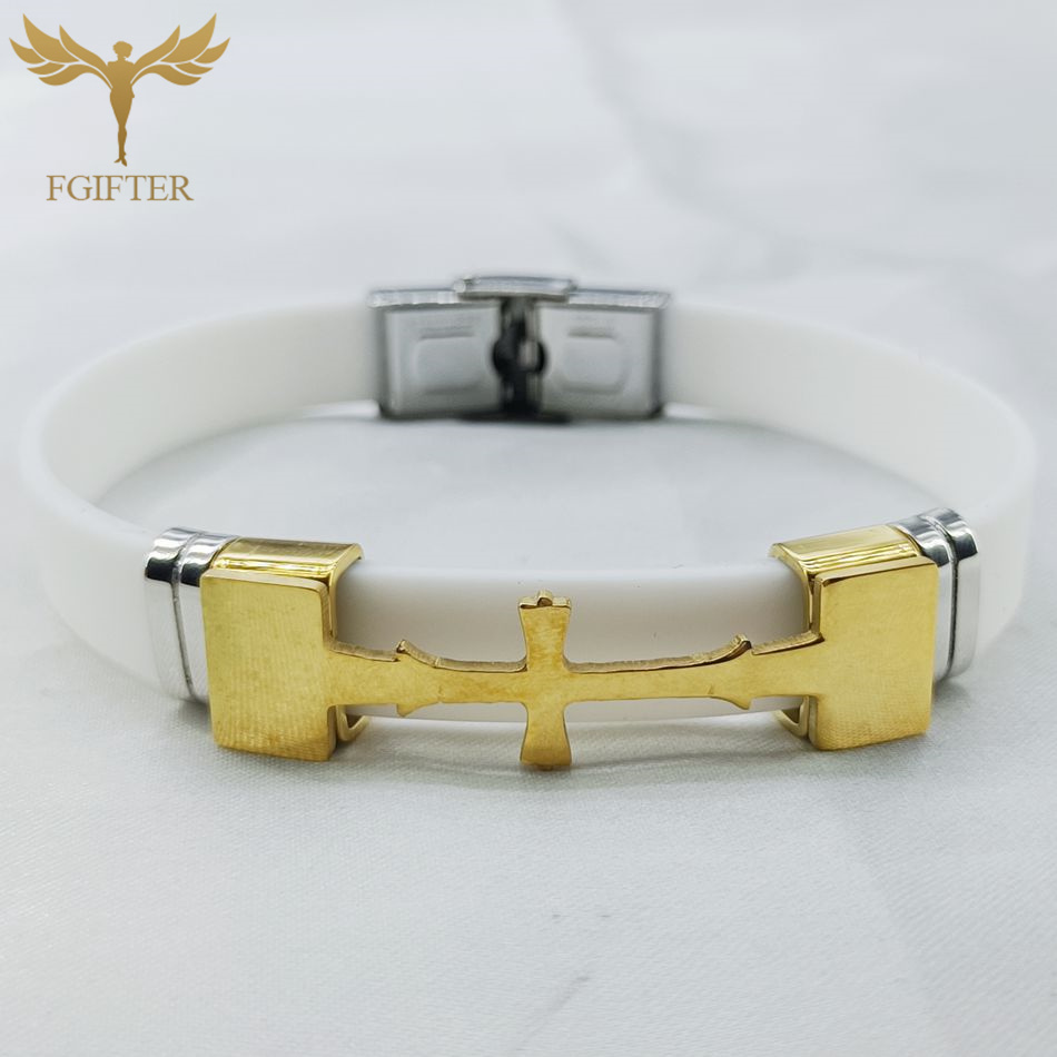 Guldfarvet rustfrit stål kors symbol tilbehør armbånd flere farver gummi armbånd kristen religion smykker: 21cm / Rødbrun