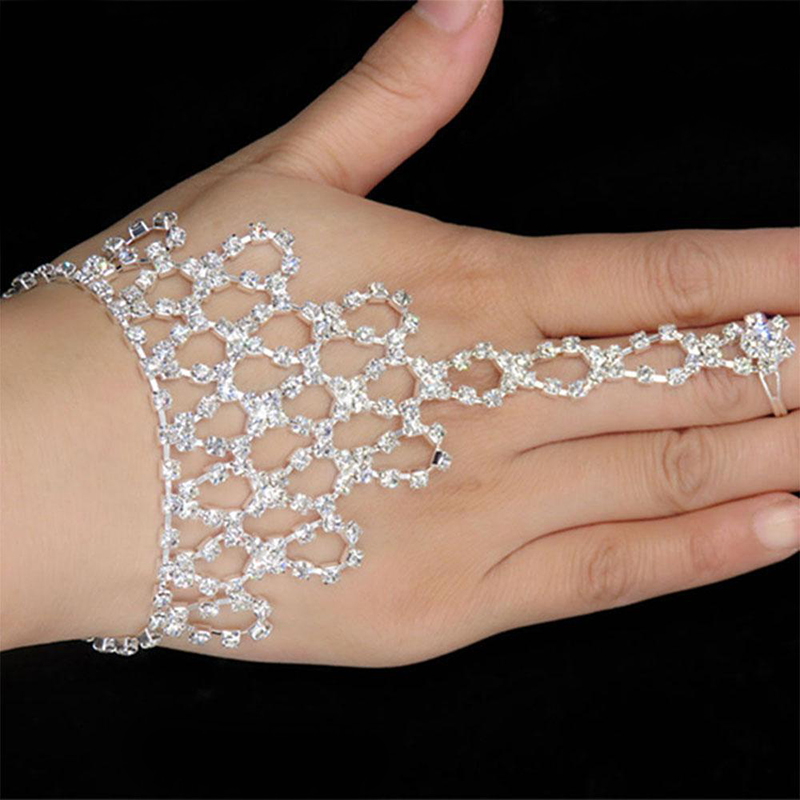 Women Rhinestones Bangles with Chain Link Ring Wristlet for Wedding Party TY66