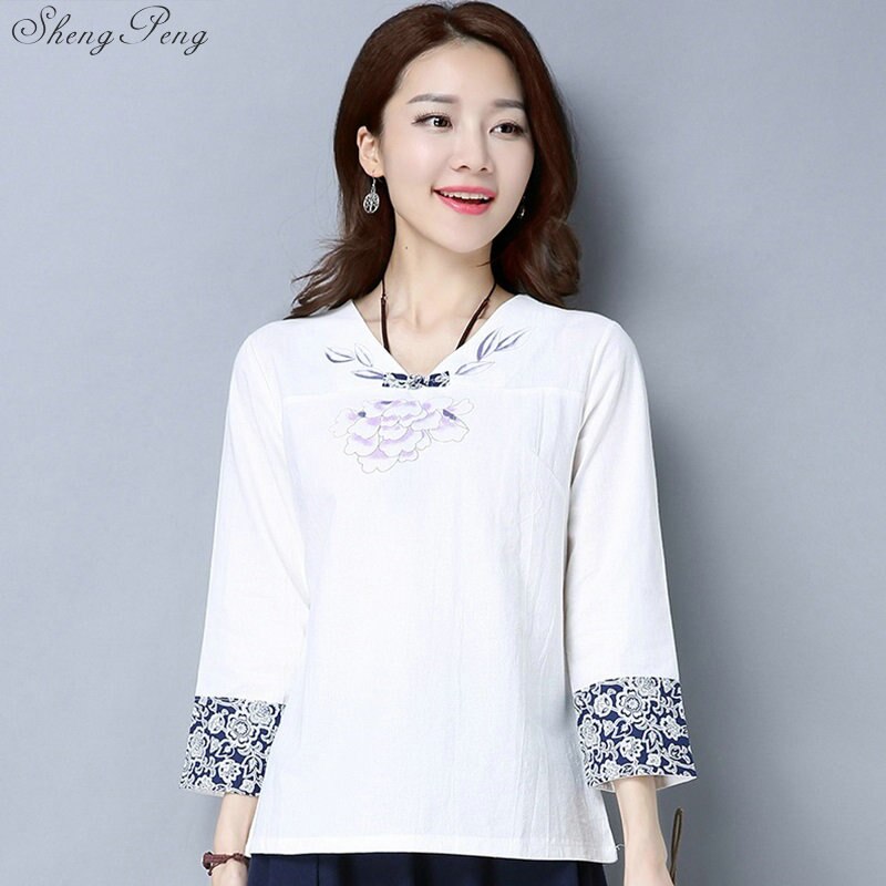 Camisas de lino y algodón de estilo chino vintage para mujer, blusa informal de uso diario con cuello redondo, bordado floral hanfu, V1810,: 2 / XL