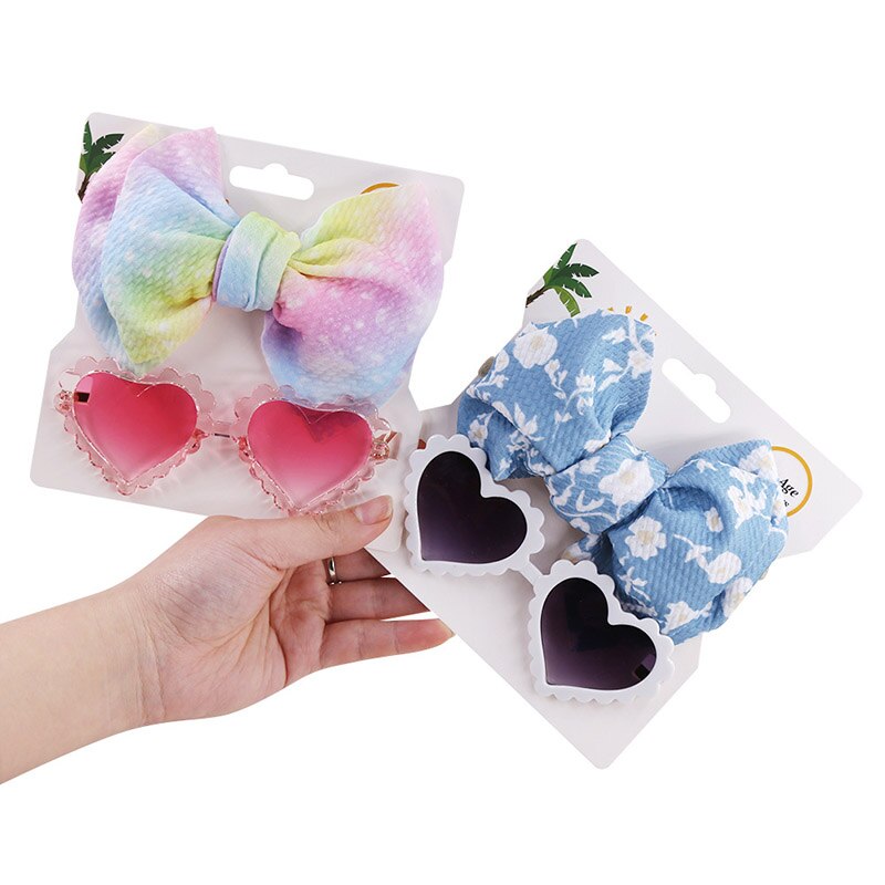 2Pcs/Set Dot Flower Leopard Print Baby Headband with Heart Sunglasses Kids Elastic Nylon Hair Band Girls Hair Accessories