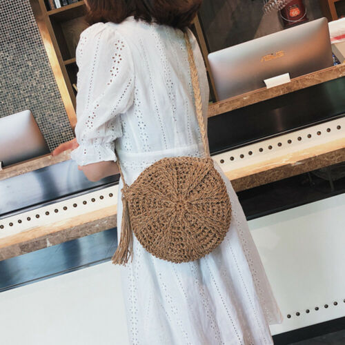 US STOCK Women Cross Body Bag Round Circular Rattan Wicker Straw Woven Beach Basket Purse