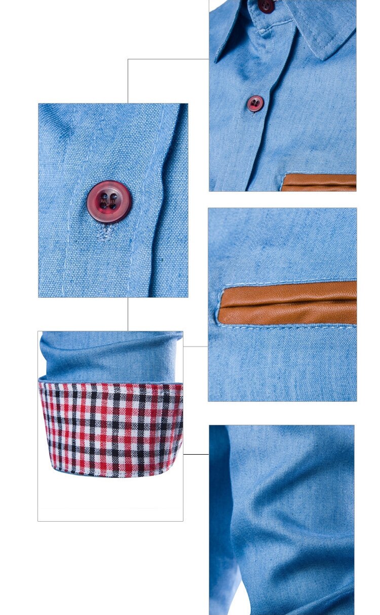 M~ 3xl imitert skinn lomme slank skjorte herre uformell sving-ned krage langermet skjorte knapp denim virksomhet skjorte