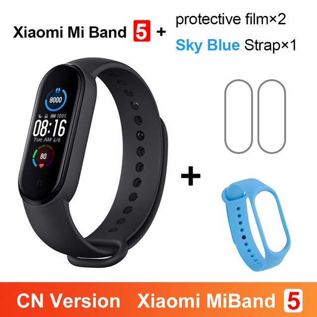 Xiaomi Mi Band 5 Fitness Bracelet Magnetic Charge 24h Heart Rate Sleep REM Nap Step Swim Sport Monitor Remind Alarm Miband 5: CN Sky Blue N Film