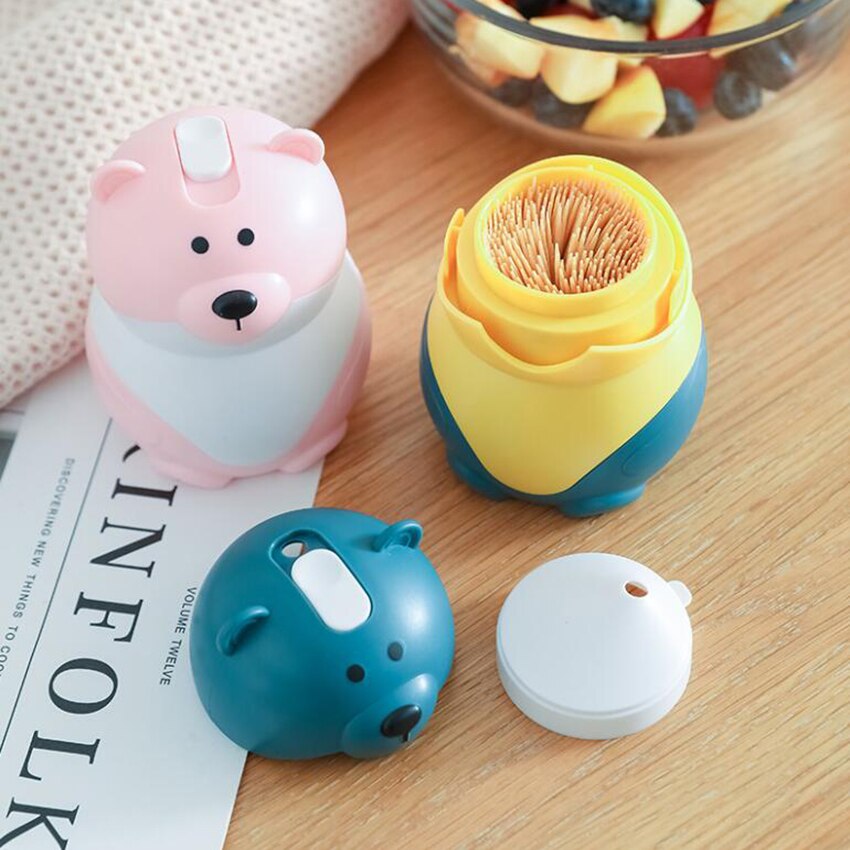 Automatic Push-type Toothpick Holder Cute Cartoon Bear Plastic Toothpick Dispenser with Slide Cover, Holds About 300 Toothpicks