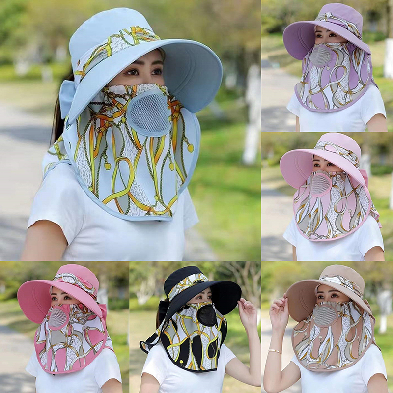 Sommer Frauen breite Krempe Gartenarbeit Schatten Hut Gesichts maske abnehmbare Sonnenhut Outdoor-Druck atmungsaktive Fischer Hut UV-Schutz