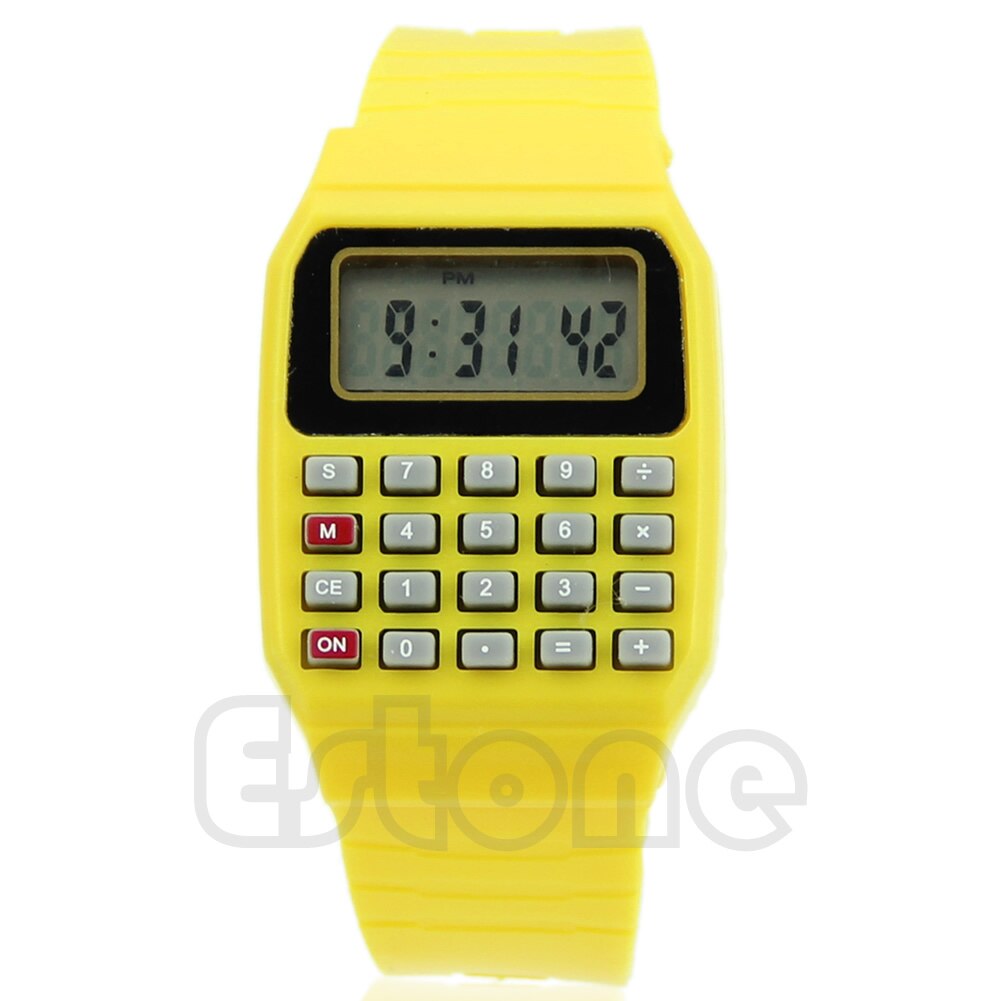 Calculadora electrónica para niños, reloj de pulsera con teclado multiusos con fecha de silicona, 667C: Yellow