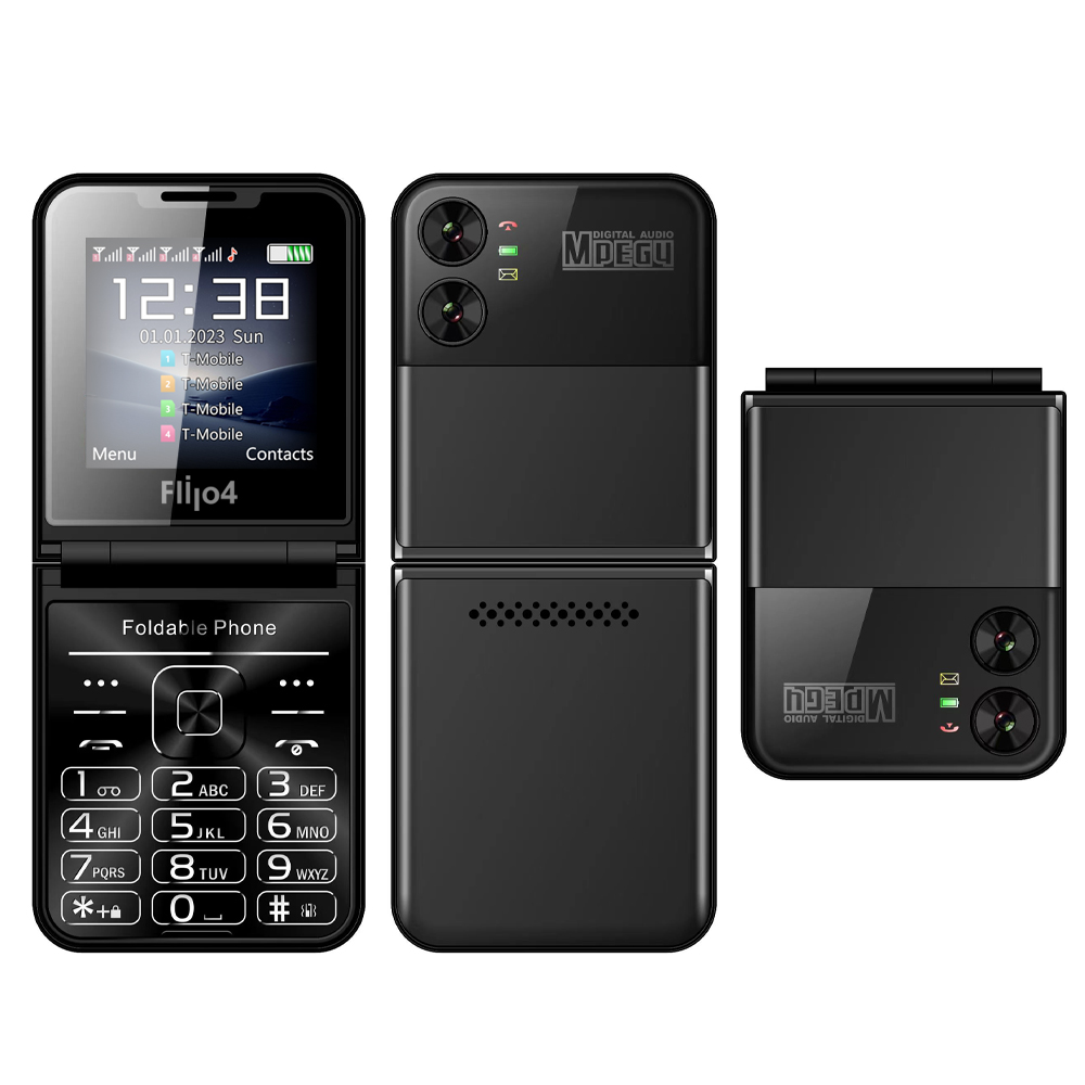 Servo flilo4 dobrável telefone móvel 4 sim em espera magia voz velocidade dial chamada gravação mp4 player lanterna 2g flip celulares: Preto