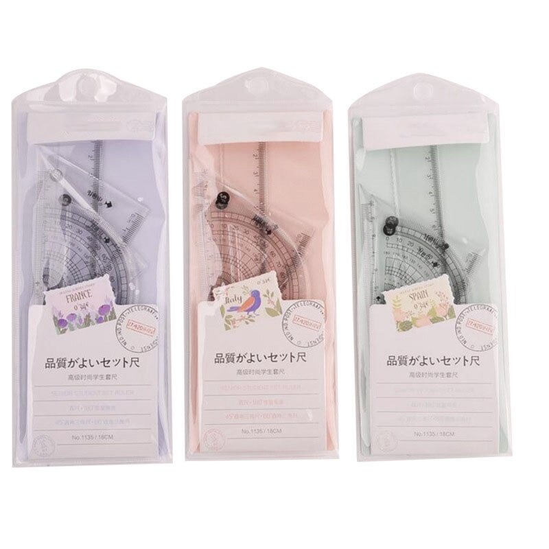 4 pcs/set 18cm Straight Ruler Protractor Students Math Geometry Soft Bendable Plastic Triangle Ruler Set Office School Supplies