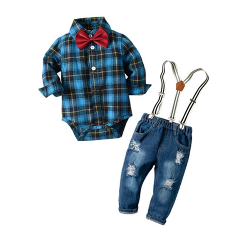 Lente Herfst Baby Boy Bow Tie Plaid Shirt Denim Kleding Katoen Rompertjes Gentleman Bib Jeans Kleding Pak Outfit 6 - 24M