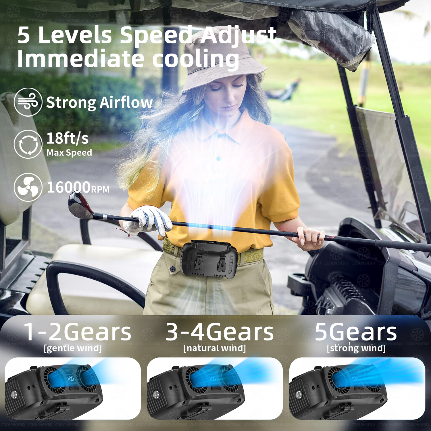 15000 mAh tailleclipventilator, draagbare mini hangende nekventilator, USB oplaadbare ventilator, buitencamping, tailleventilator met powerbank, LED-licht