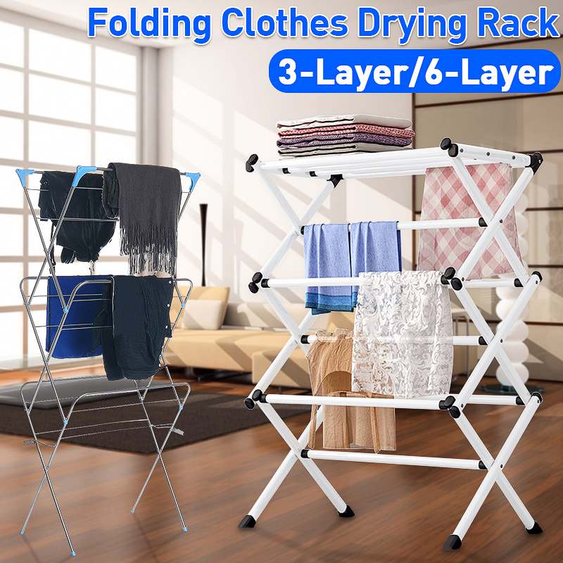 Iron Folding Clothes Drying Rack Indoor Outdoor Laundry Airer Room Storage Stand Foldable Clothes Drying Laundry Rack - White
