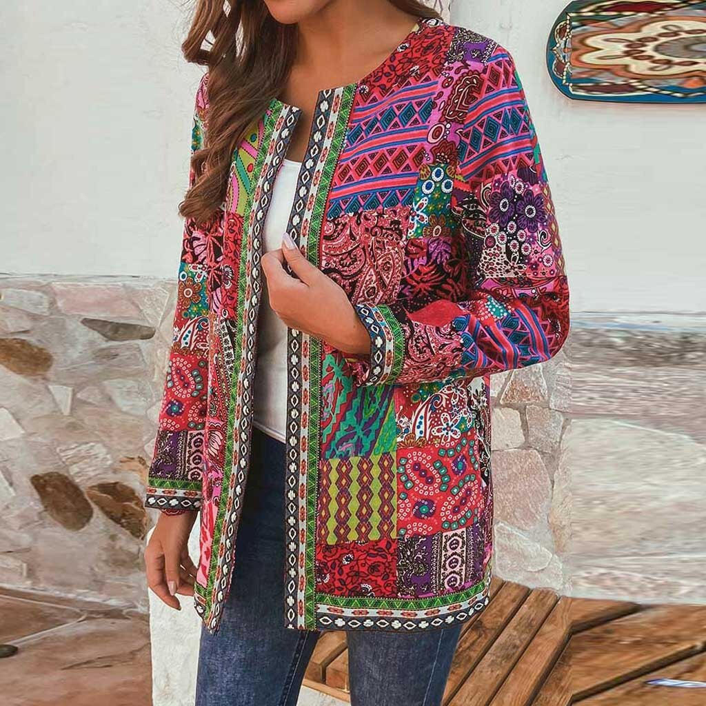 Herfst Vrouwen Vintage Etnische Stijl Bloemenprint Lange Mouwen Plus Size Katoenen Jas Jas Katoenen Jas Losse Jas Vrouw Jas