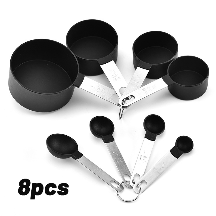 Cucharas multiusos para medir tazas, herramientas de silicona para hornear PP, accesorios de acero inoxidable/mango de plástico, utensilios de cocina, 4 Uds./8 Uds.: black8pcs