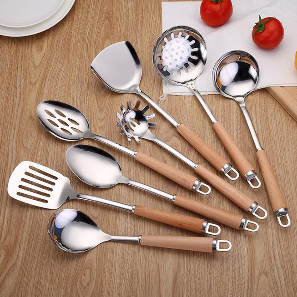 1Pcs Spatula with Wooden Handle Stainless Steel Kitchenware Set Household Spoon Kitchen Gadget Stainless Steel Frying Shovel