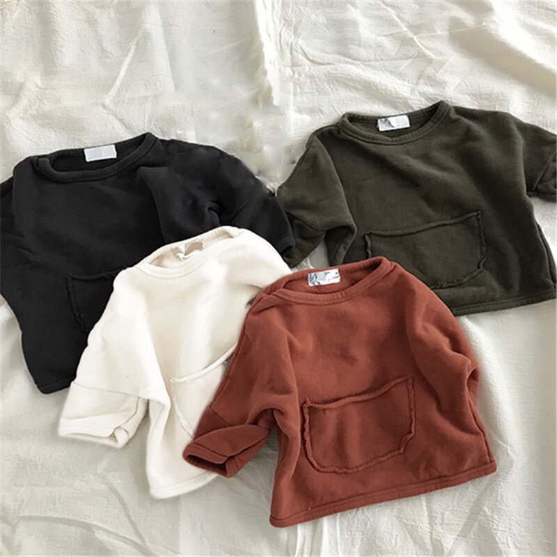 2-7Y Kids Baby Meisjes Jongens Sweatshirt Tops Solid Lange Mouwen Trui Pocket Warme Katoen Herfst Outfits 4 Kleuren