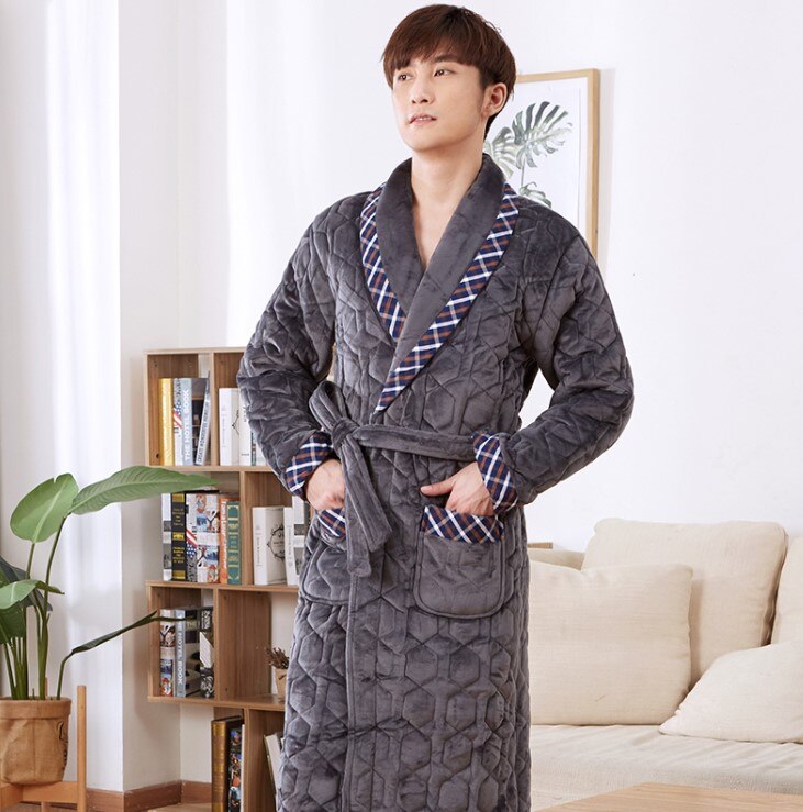 Plus Size Xxxl Kimono Stiksels Plaid Badjassen Mannelijke Dikke 3 Lagen Winter Gewatteerde Badjas Dikke Flanellen Badjas Pijamas Hombre: ZY1638 / Xxxl
