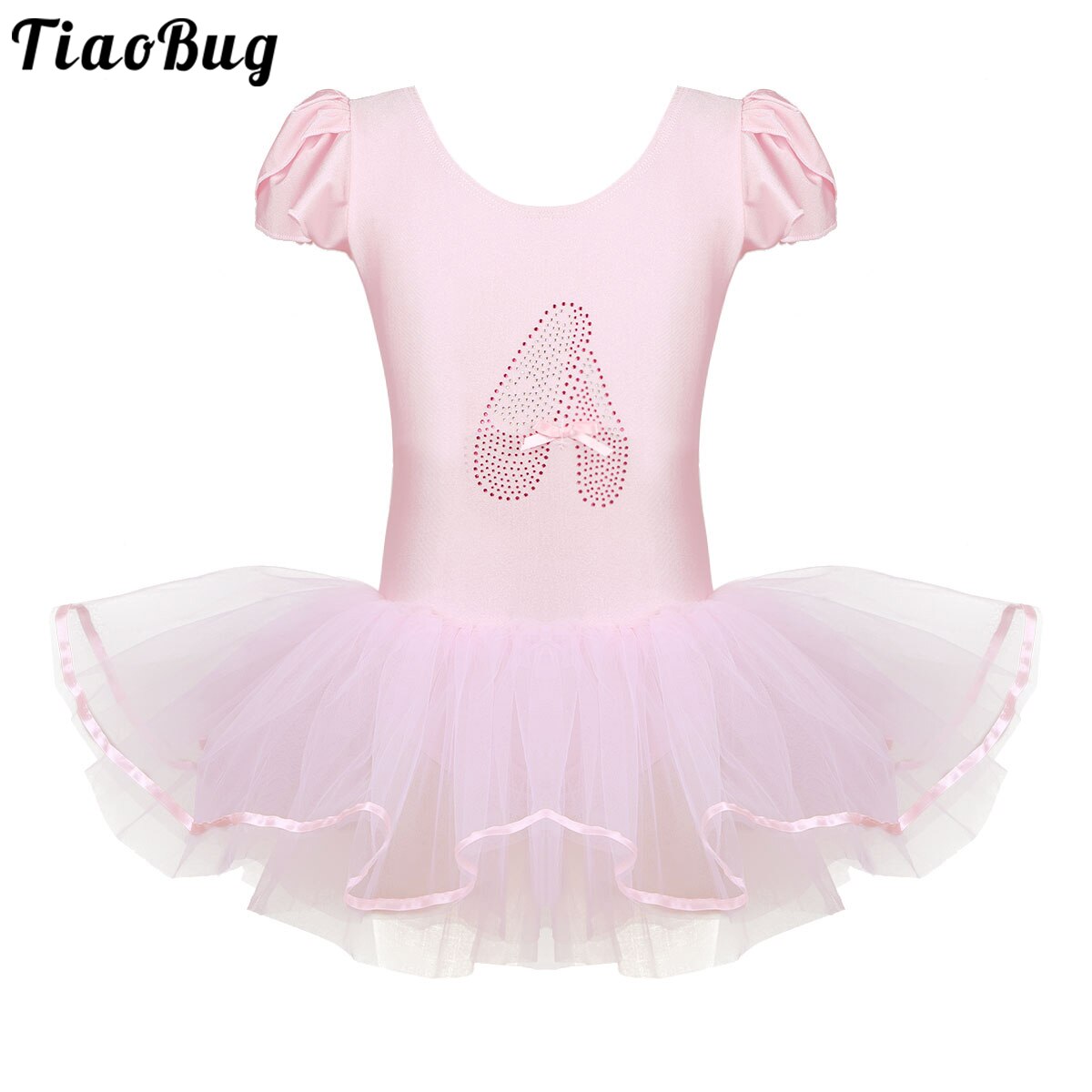 Kids Girls Pink Ruffled Cap Sleeves Sequined Ballerina Shoe Pattern Ballet Dance Gymnastics Leotard Tutu Mesh Dance Dress Briefs