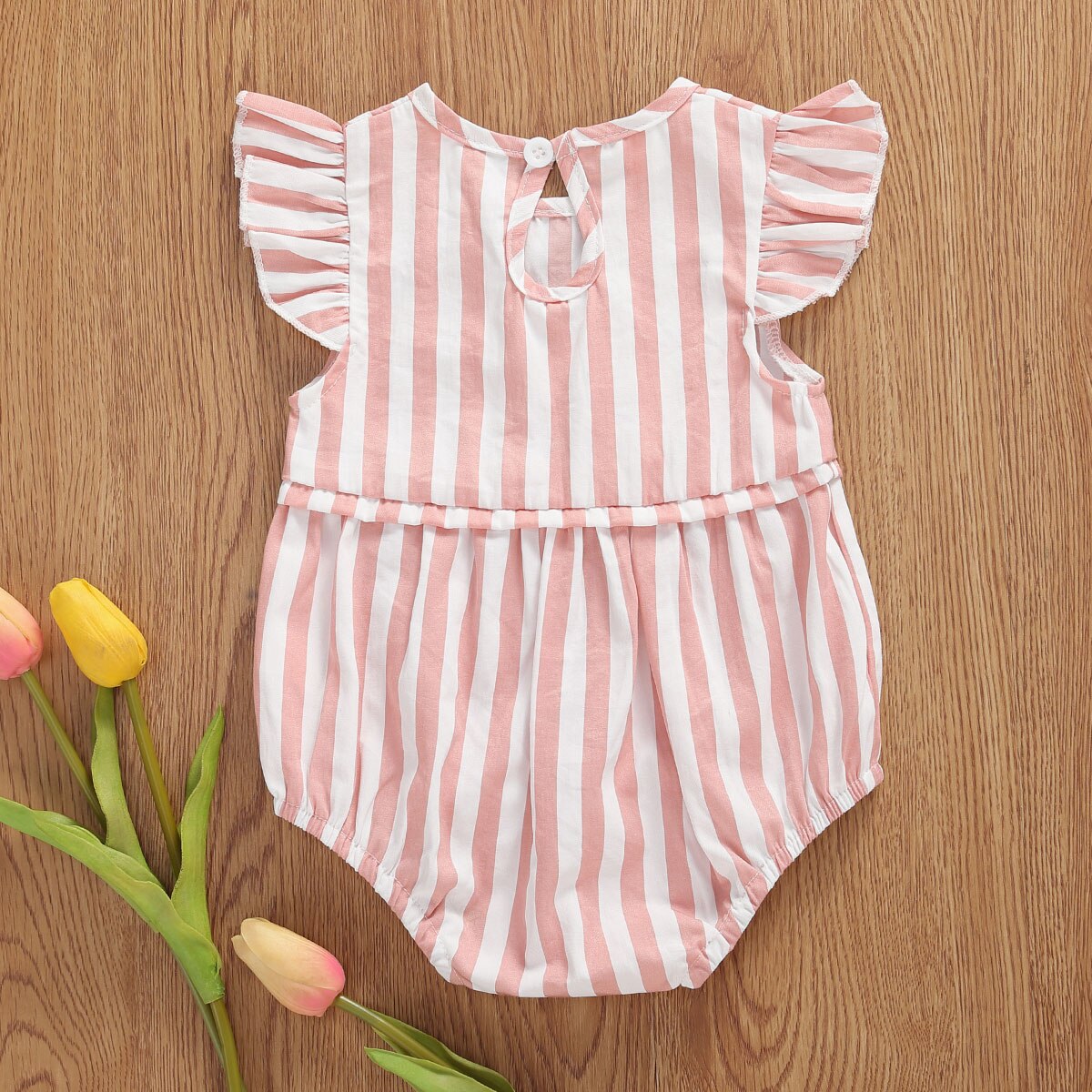 Een Stuk Rompertjes Kinderen Baby Meisjes Jongens Gestreepte Print Outfits 0-18M Ruches Korte Mouwen Mooie Jumpsuits 2 kleuren