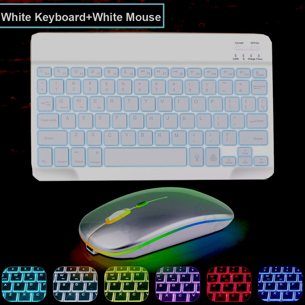 10inch Rainbow Backlit Keyboard For iPad Phone Tablet Bluetooth Keyboard For IOS Android Windows Wireless Keyboard and Mouse Set: White B