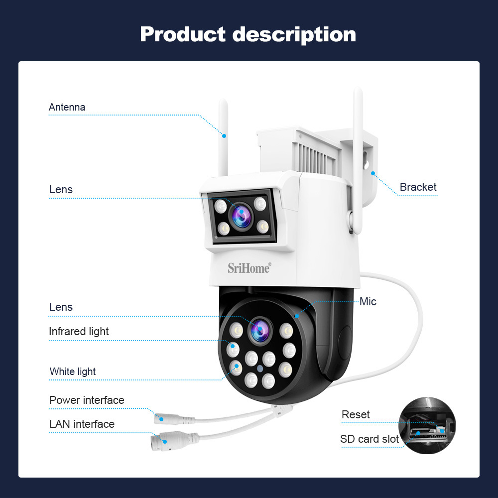 Srihome 4MP Outdoor WIFI Dual Lens IP Camera SH048 128G AI Tracking Security Protection Cameras Video CCTV Surveillance Cameras
