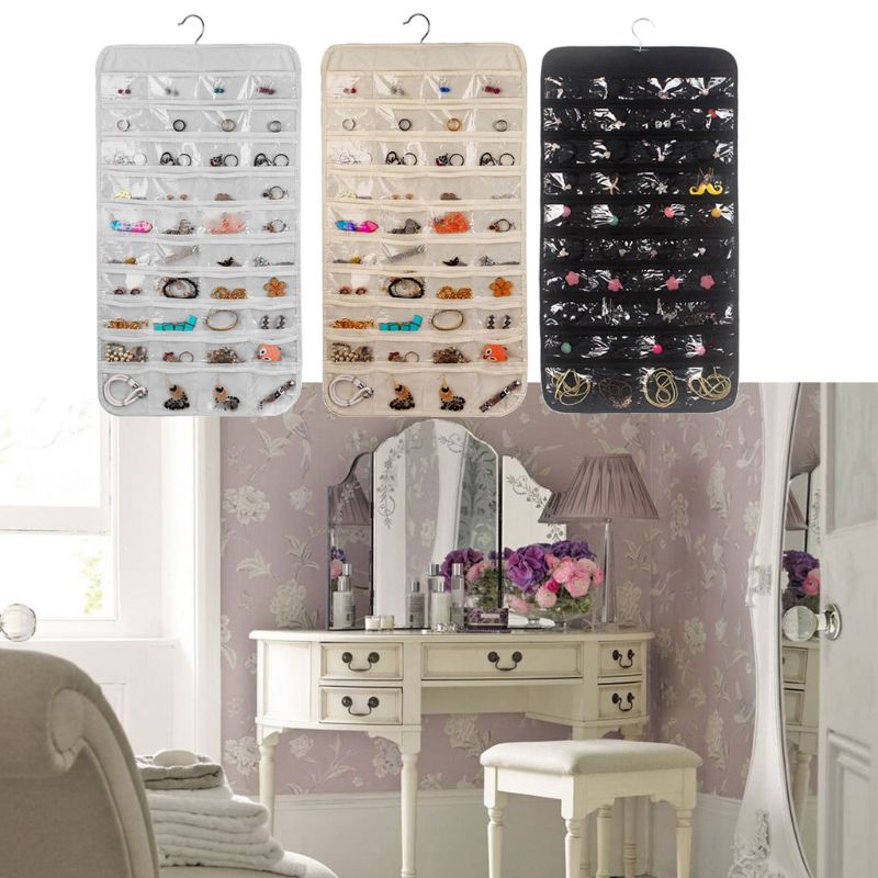 80 Pockets Double Sided Hanging Jewelry Display Organizer Storage Bag Non-woven Foldable Ring Necklace Bracelet Pouch