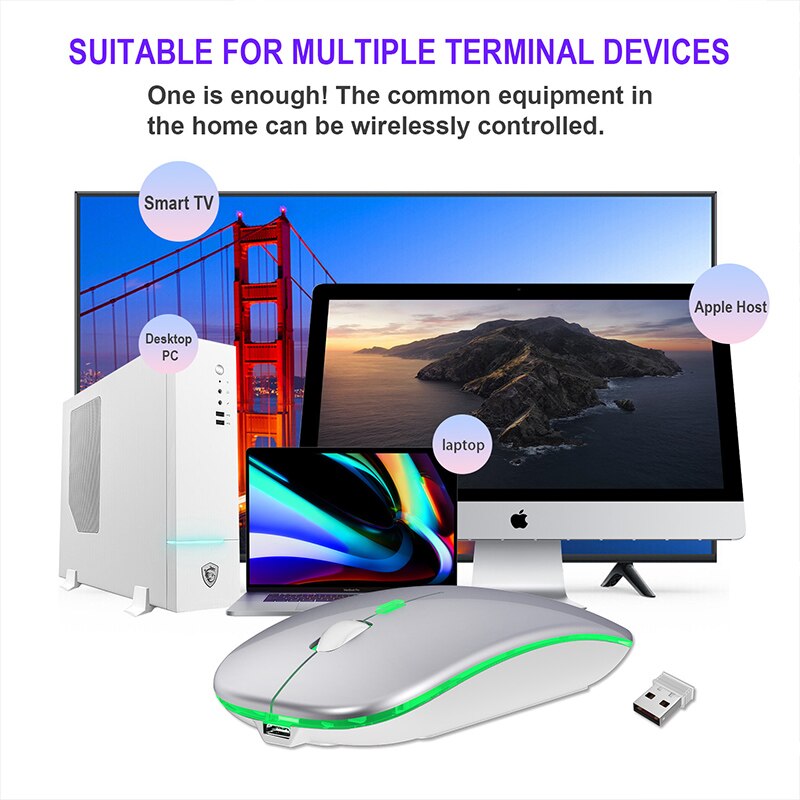 Mysz bezprzewodowa 1600DPI mysz komputerowa RGB Bluetooth cichy akumulator z podświetlany diodami LED USB myszy na PC Laptop