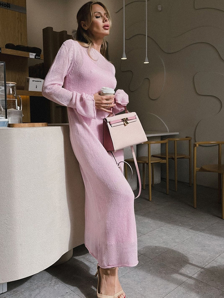 Forår efterår o-hals elastisk strik lange kjoler kvinder chic blød dame udhulende sweaterkjoler femme