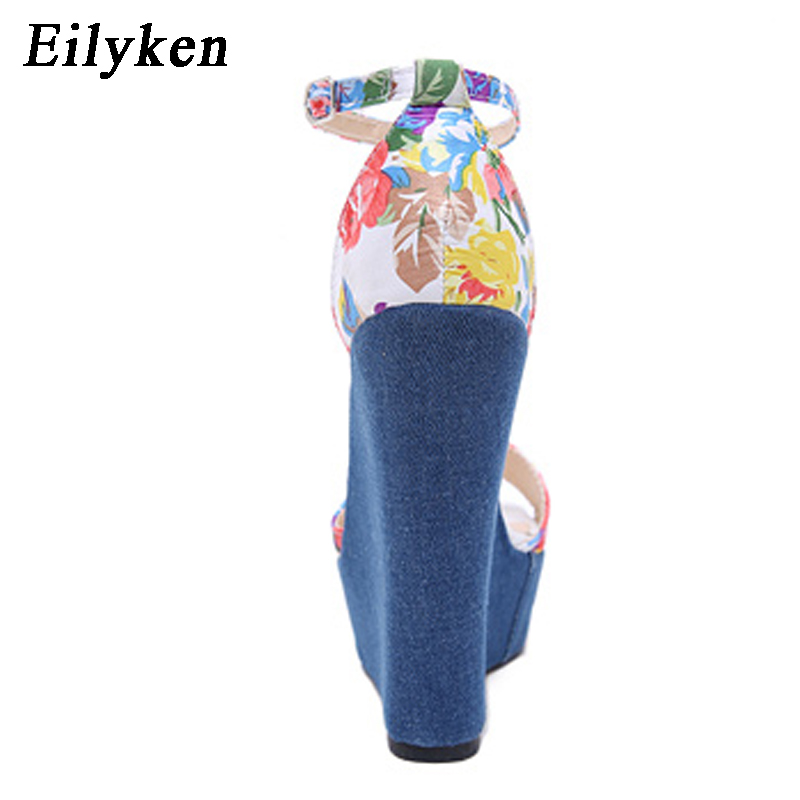 Eilyken Print Denim Sandalen Romeinse Sandalen Wiggen Hoge Hakken Peep-Toe Platform Schoenen Vrouw